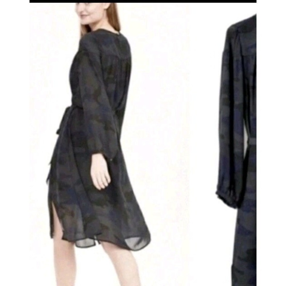 Banana Republic Womens Camo Shift Dress Long Sleeve Tie Waist Black Navy 12 NEW